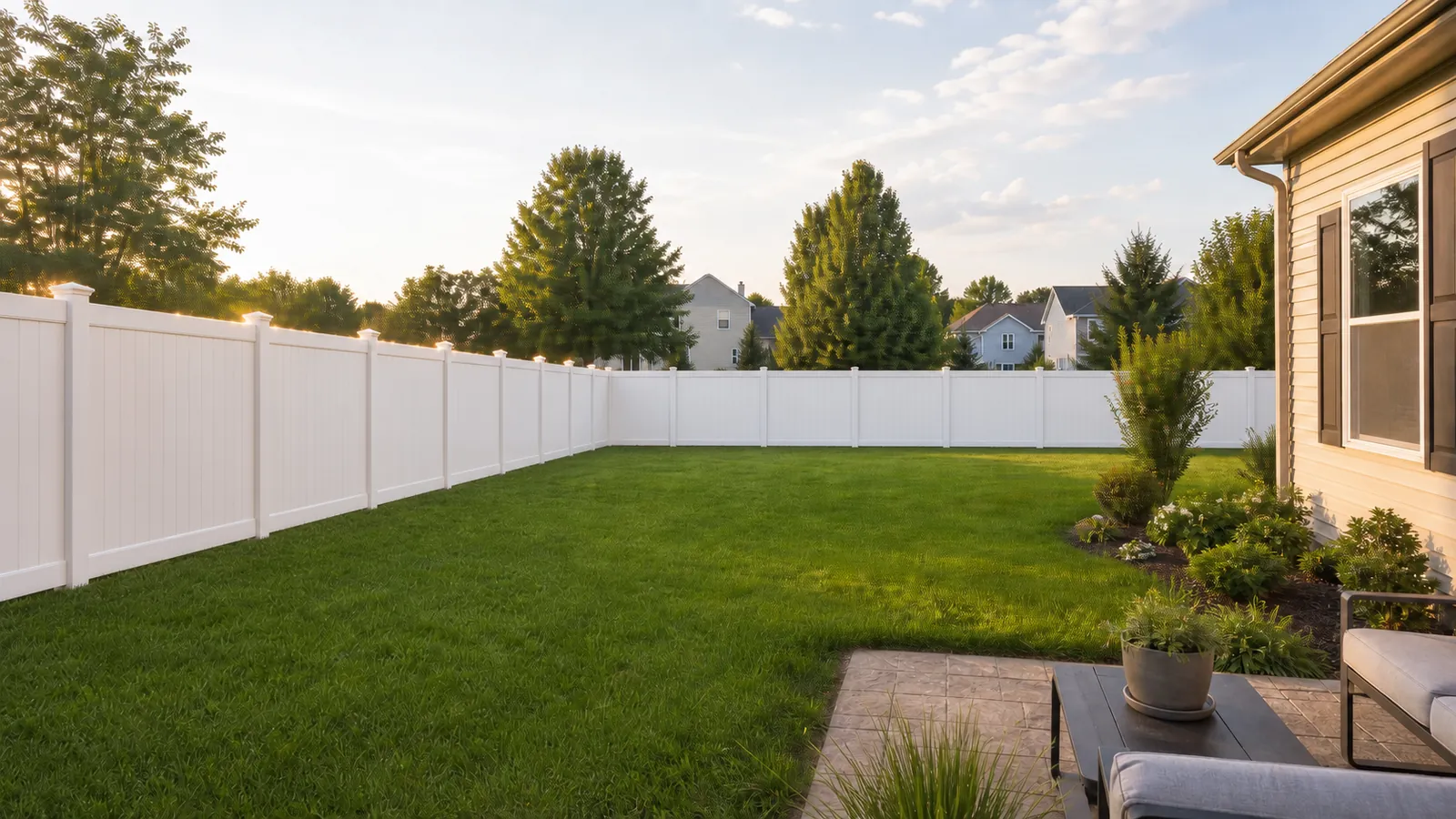 White vinyl fence concept previewed on a Central Illinois backyard photo
